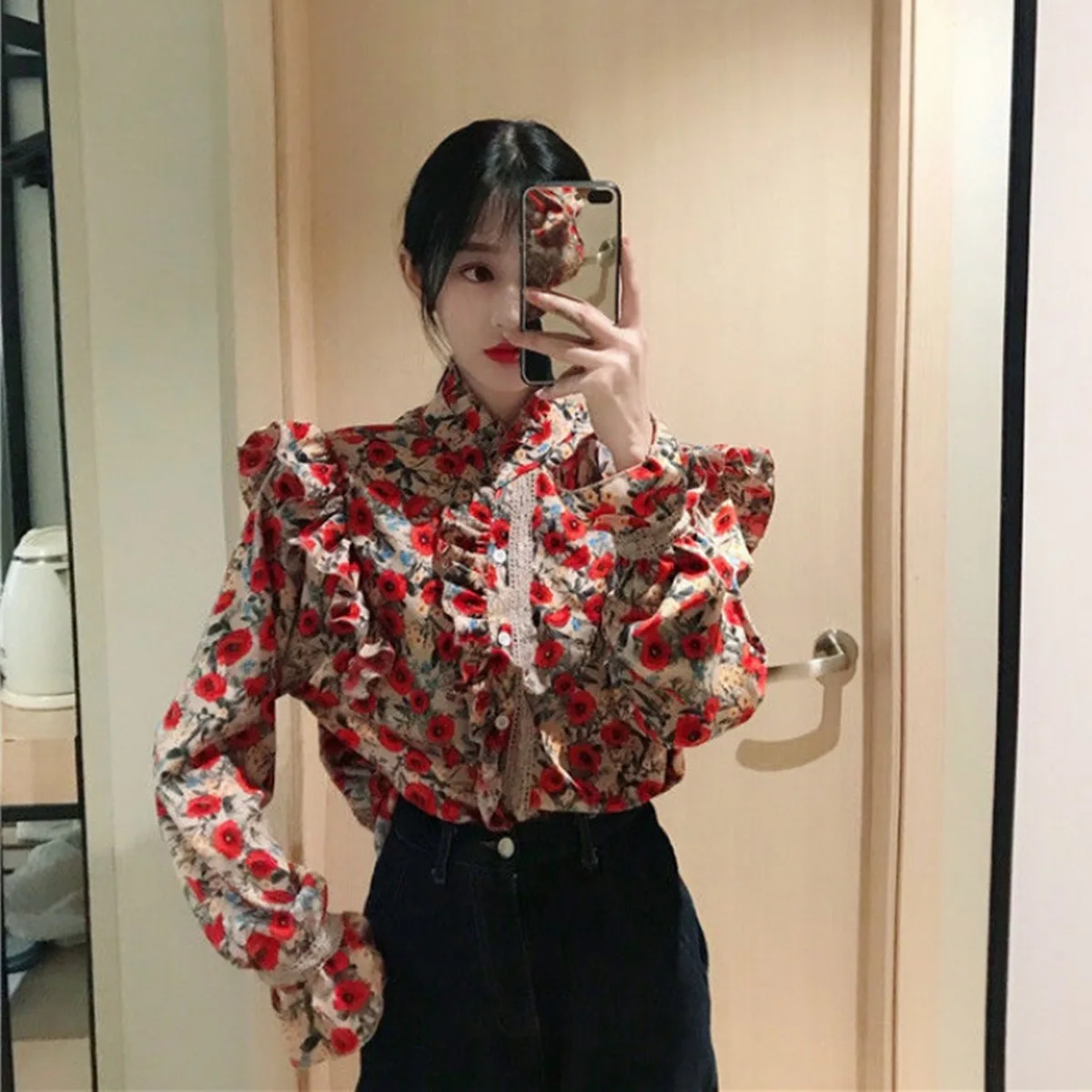

Chiffon shirt spring new retro all-match temperament lace edge floral Regular Polyester Broadcloth Print Button