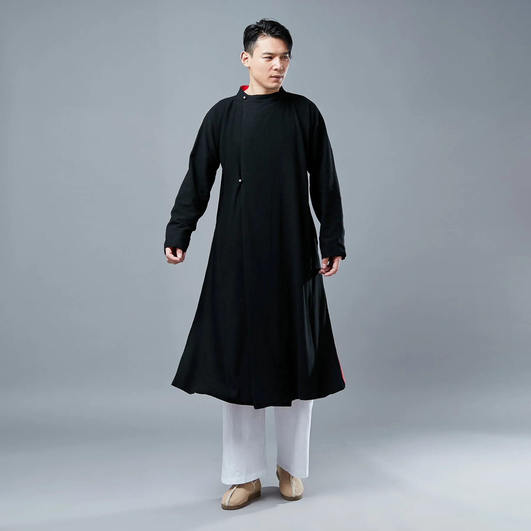Origional Autumn New Style Silver Clasp Contrast Color Robe Men's Nation Literature And Art-Style Cheongsam Stand Collar Casual