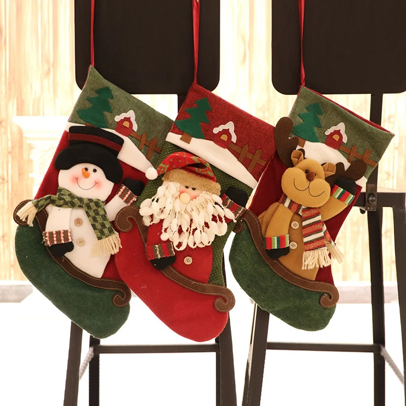 

3D Doll Christmas Candy Socks Stockings Gift Holder Bag With Tree Fireplace Hanging Loops Xmas Decorations