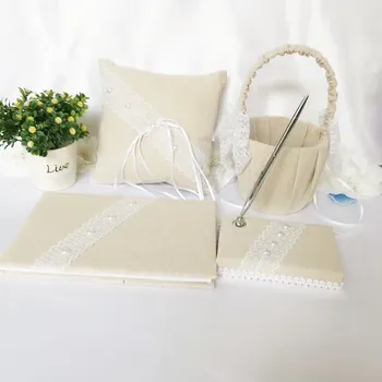 

Wedding Accessories Burlap Rhinestone Lace Decor Garter Pen Set Guest Book Ring Bearer Pillow Portable Hand Basket