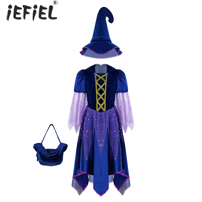 

Kid Girls Witch Costume Sequins Sparkly Stars Printed Irregular Hem Dress Point Hat Bag Set Halloween Cosplay Carnival Dress Up