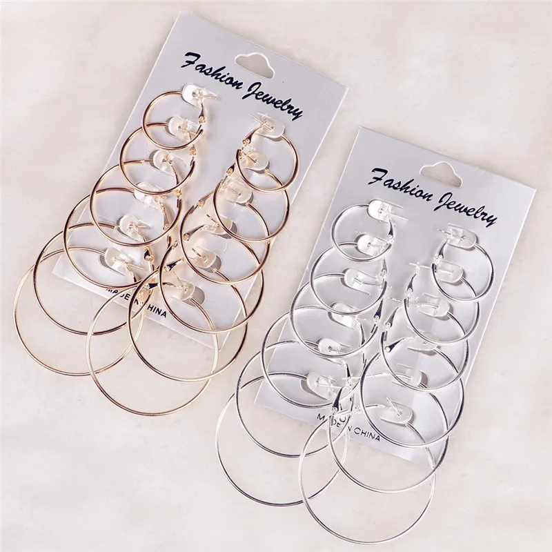 6 Pairs Hoop Earrings Set Big Circle Earring Fashion Jewelry for Women Girls Steampunk Ear Clip korean 2019 | Украшения и