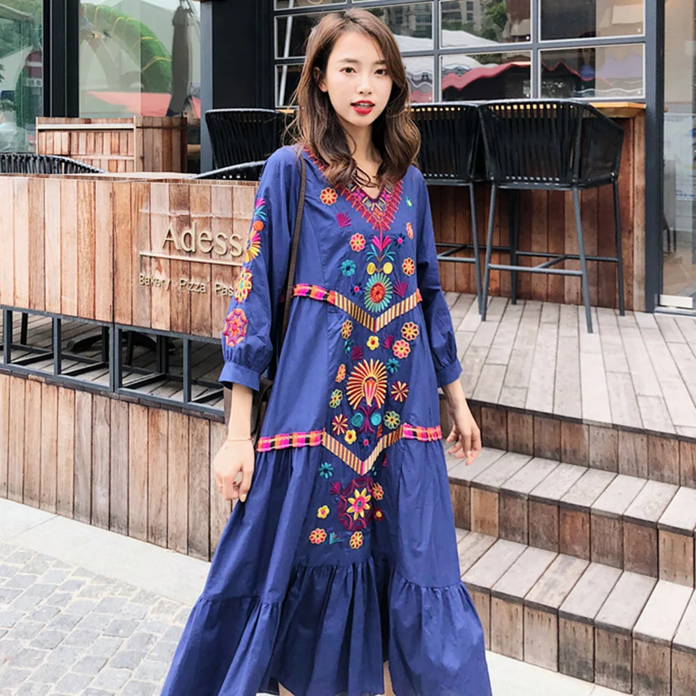 

Women Floral Dress Travel Thai Bohemian Style Ethnic Embroidery Dress V- Neck Mid-Calf A-line Swing Vintage Vestidos Female