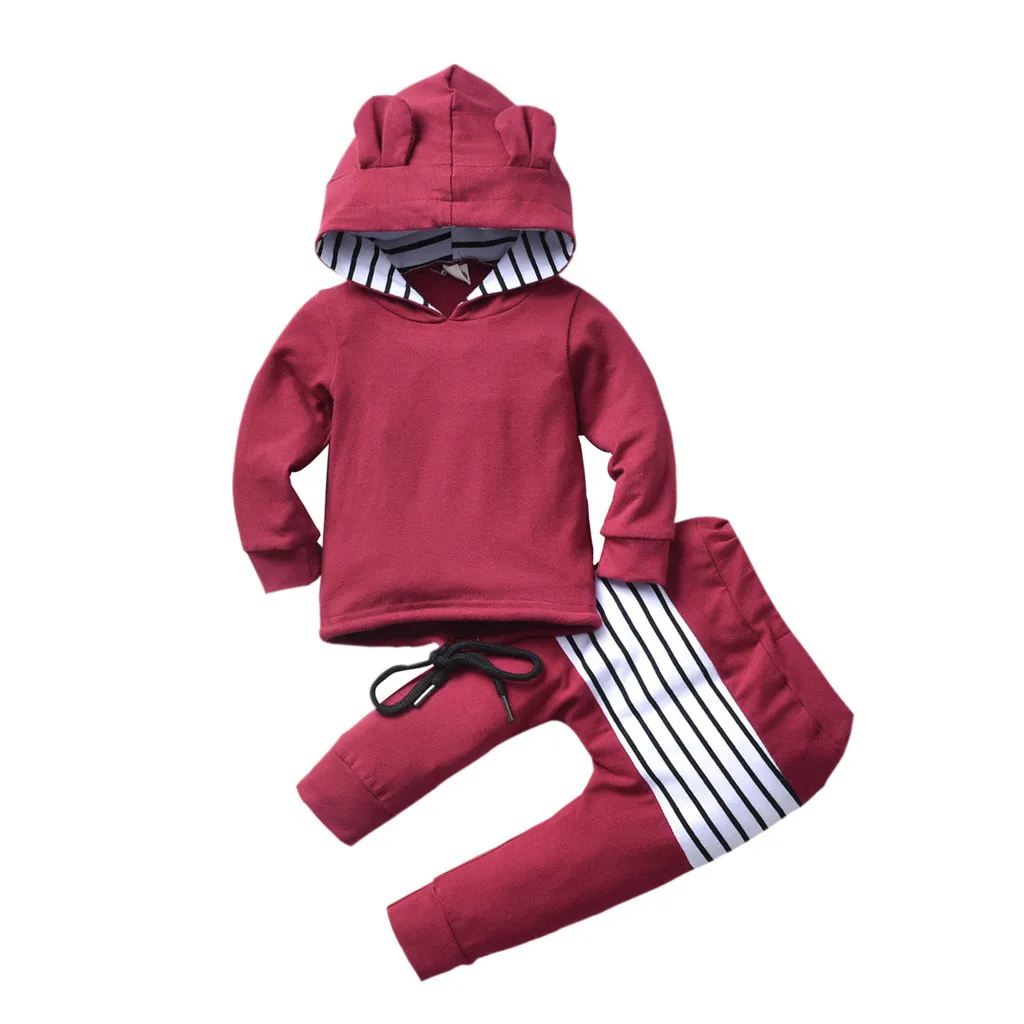 Осенне-зимний комплект одежды для малышей, толстовка с капюшоном для новорожденных мальчиков и девочек+ штаны, комплект для малышей, милые полосатые наряды с ушками, костюмы - Цвет: Красный