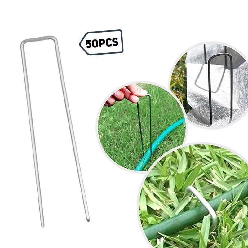 50Pcs Garden Stakes Galvanized Landscape Staples U-Type Turf Staples Pins Rust Proof Sod Pins Pegs For Artificial Grass Securing