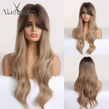 

ALAN EATON Long Ombre Brown Blonde Womens Wigs with Bangs Water Wave Heat Resistant Synthetic Wigs for Women African American