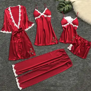 

Flower printing women Pajama Sets pajamas nightgown Silk sleepwear women's underwear robes babydolls set 5pcs pajamas lingerie