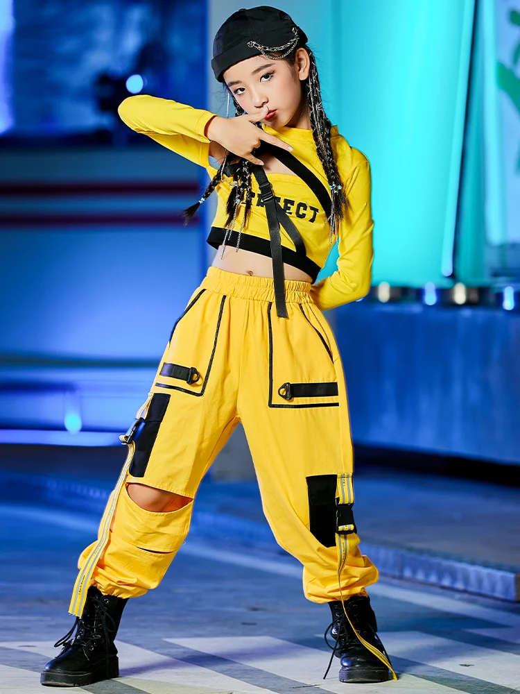 Girls Hip Hop Dance Costumes Children Yellow Outfits Jazz Street Dance Wear Ballroom Hiphop Rave Clothes Stage dance Costumes