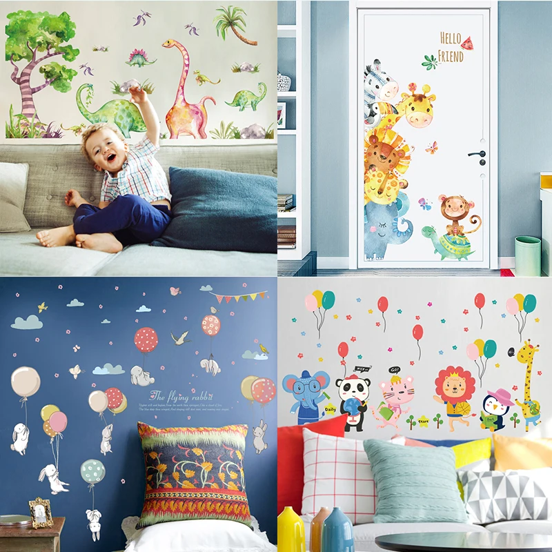 Cartoon Animal Lion Giraffe Dinosaur Elephant Monkey Wall Stickers for Kids Room Nursery Decor Living Room Home Decor Wall Art