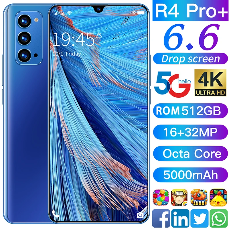 R4 Pro+ 6.6 Inch 128/256GB Android Phone Finger Face ID Dual Camera Mobile Phone Fullscreen Smart Phone Dropscreen Cell Phone