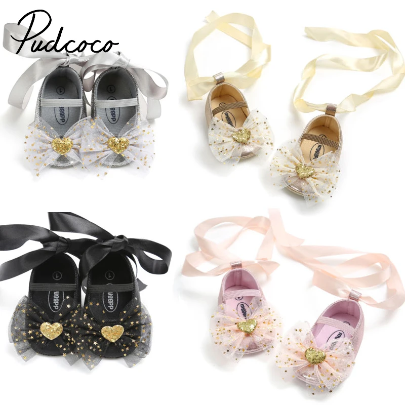 First Walkers Leather Shoes Toddler Newborn Baby Girls Boys Shoes Crib Sequined Bow Floral Slip On Lace Baby Shoe 0-18M