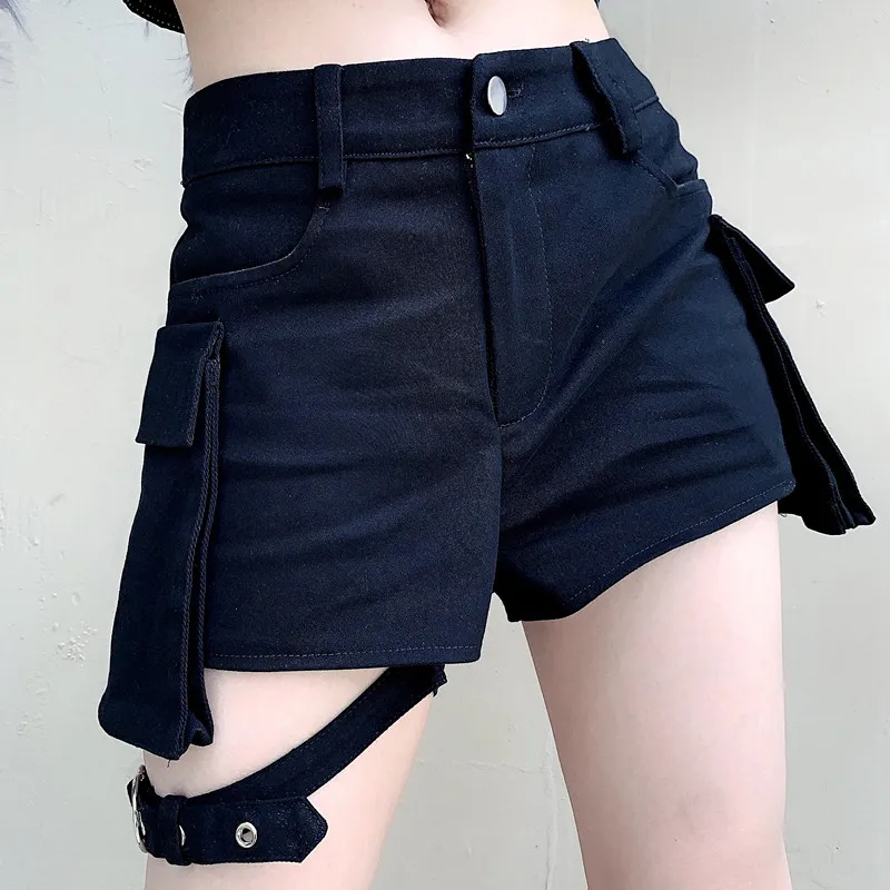 HIGAREDA Punk Black Cargo Shorts Women with Leg Ring Casual Pockets High Waisted Short Pants Ladies Gothic Fashion