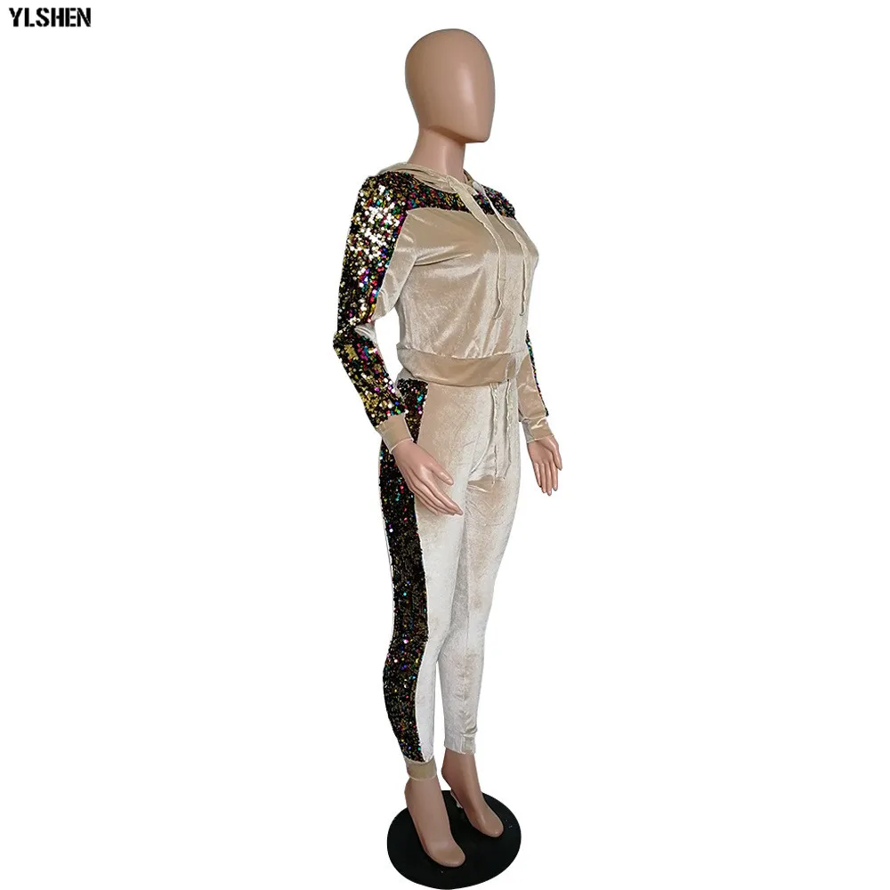 2 Two Piece Set Velvet Tracksuit Women Sexy Sequins Jogging Femme Plus Size Long Sleeve Tops +Pants Sweat Suits Matching Sets 33