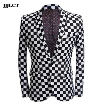 

Men's casual suit jacket host hair stylist flower suit European and American style black and white plaid print dress