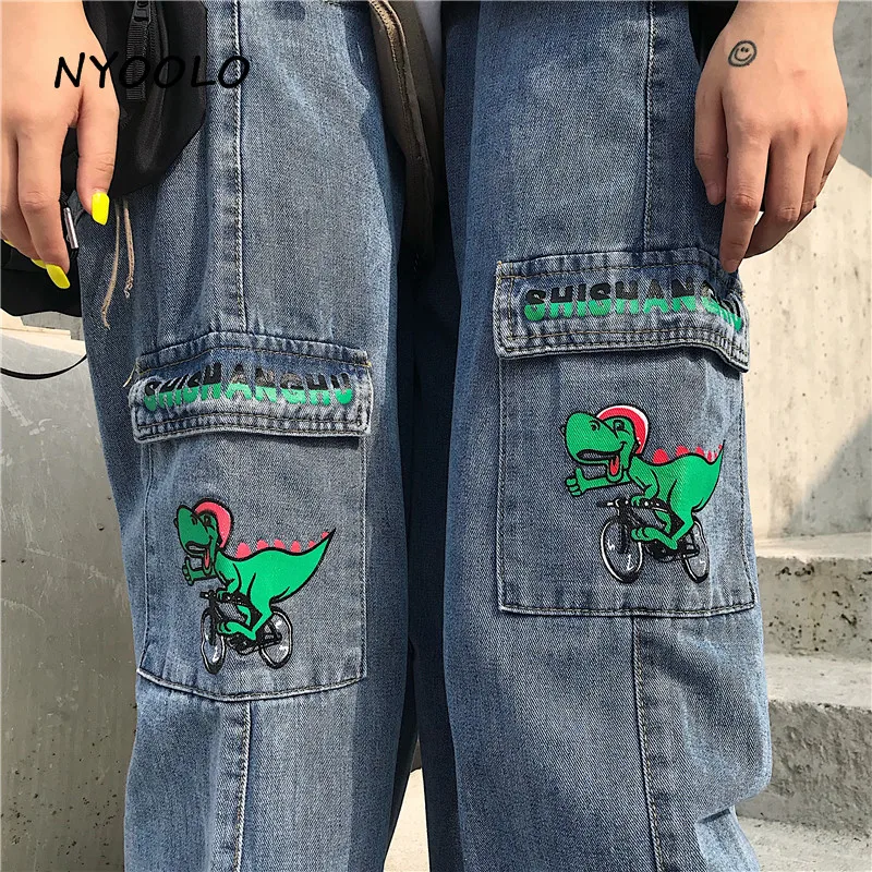 NYOOLO Harajuku уличная мультфильм Динозавр Печать большие брюки без карманов джинсы осень полная длина прямые женские джинсовые брюки для мужчин