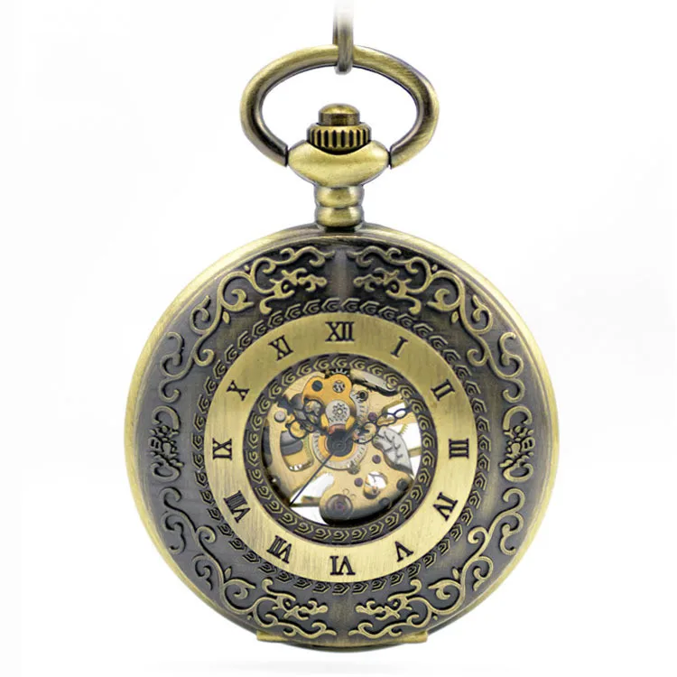 

Classic Roman Ancient copper double display Pocket Watch With Hot selling Carved Memorial steel