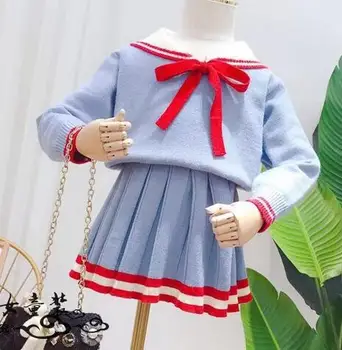 

Little Girl Autumn Sweater Suit Girl's Academy Wind Knitted Top, Sweater, Pleated Skirt, Short Skirt, Baby Suit