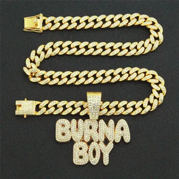 

Men Iced Out Miami Cuban Chain Letter BURNA BOY Necklaces Full Cubic Zircon Men'S Hip Hop Jewelry Xmas Gift