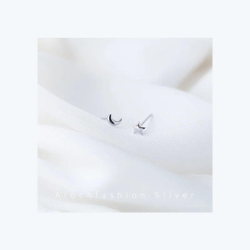 Женские серьги гвоздики из серебра 100% пробы с Луной и звездами|fashion stud earrings|stud