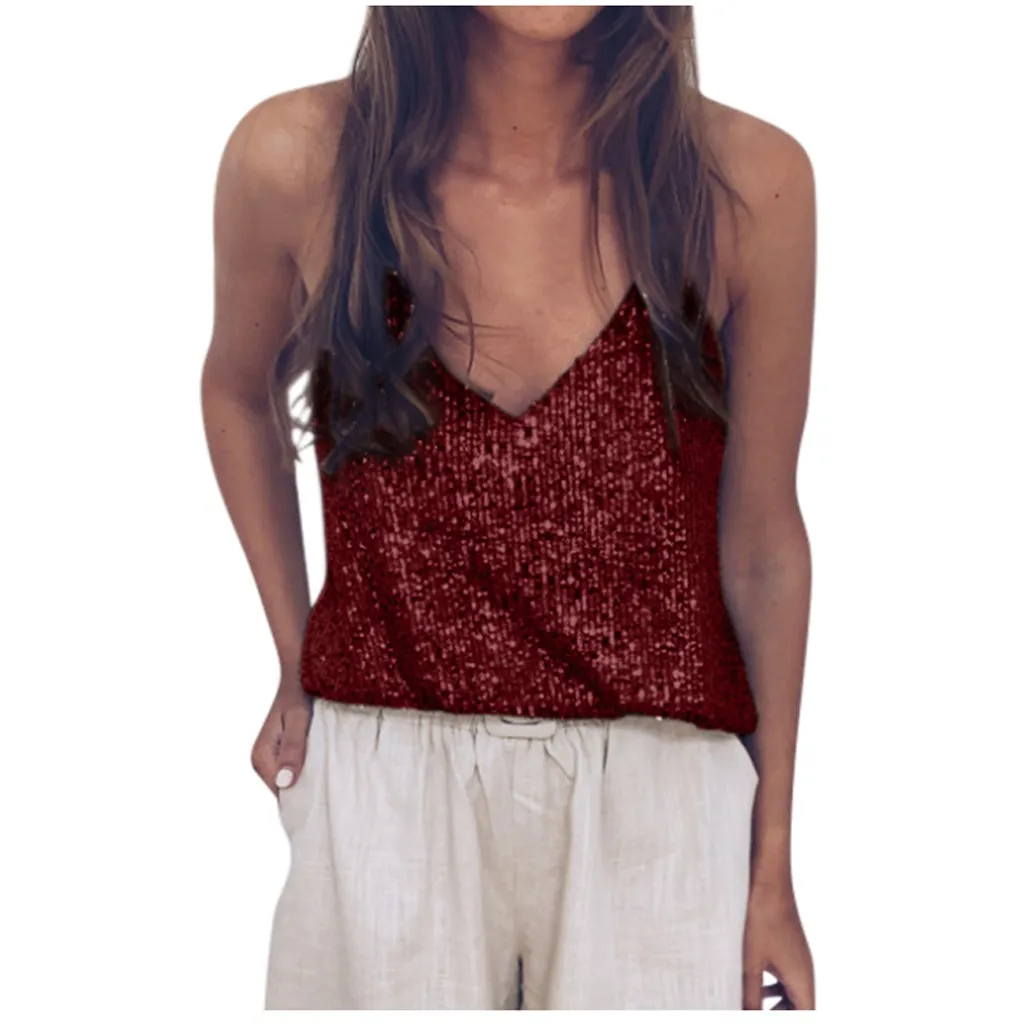 Wine Red Женский сексуальный клубный Топ без рукавов с v-образным вырезом и блестками, вечерние майки, женские майки размера плюс, нижнее белье, ropa mujer - Цвет: Wine Red