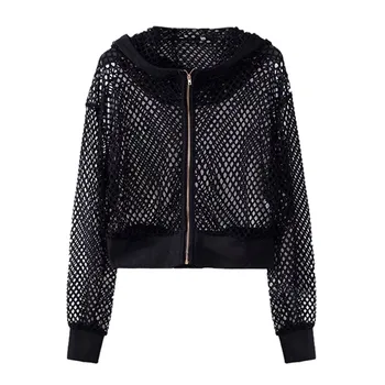 

Womail Coat Hollow Out Women Autumn Outerwear Coats Long Sleeve Sport Basic Jacket Casual Mesh Hooded Pocket Outwear Black Coat