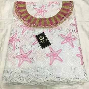 

swiss voile lace with stone white african lace fabric wedding swiss lace fabric with neckline 5yards cotton fabric for dress D3