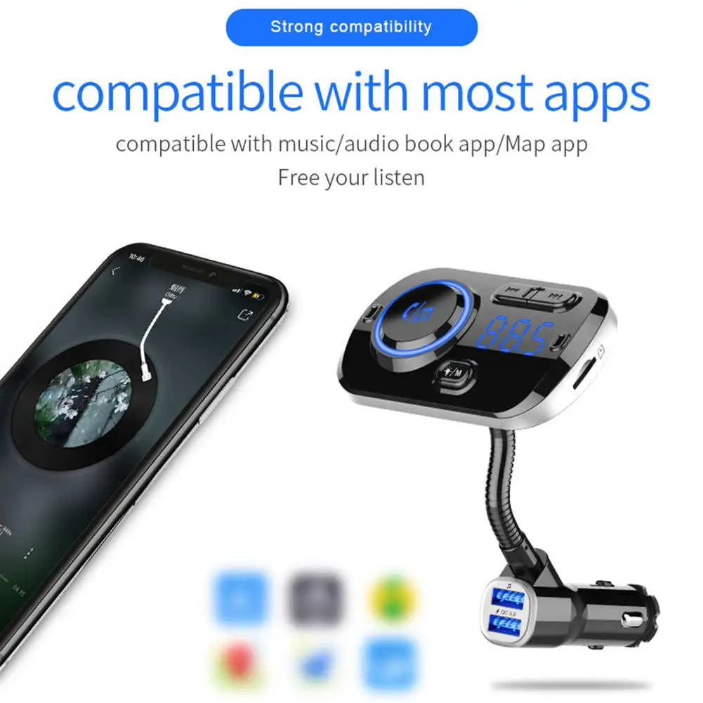 Fm-передатчик для автомобиля Bluetooth 5,0 беспроводной радиоадаптер Hands-Free с двойным usb-зарядным устройством, функция быстрой зарядки QC3.0