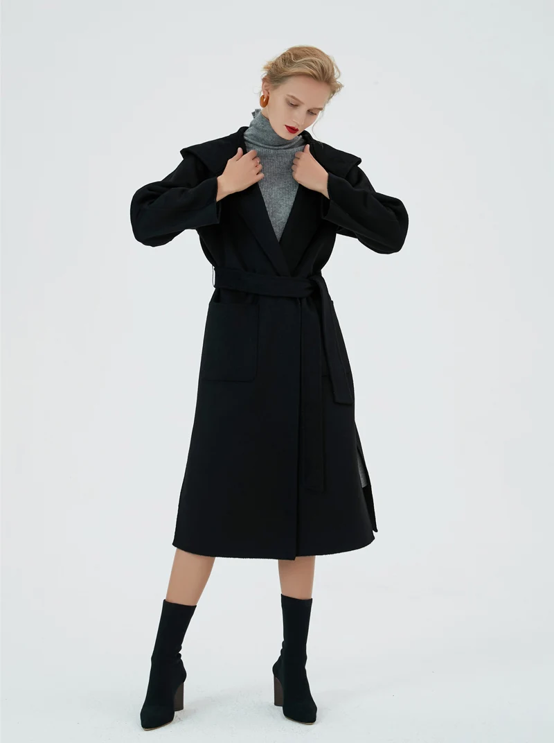 Top Quality Women's Runway Coats Hooded Collar Long Sleeves Sash Belt Front Pockets Fashion Winter Wool Overcoat Outerwear