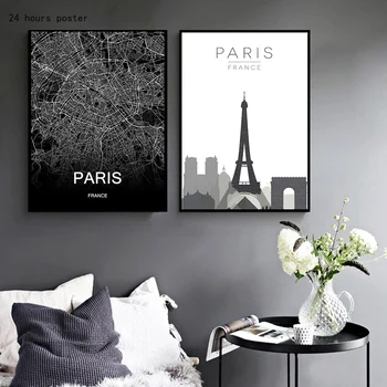 

City Map Travel Sign Paris Black and White Map Retro Cartoon Art Print Print Canvas Painting Decorative Mural Posters