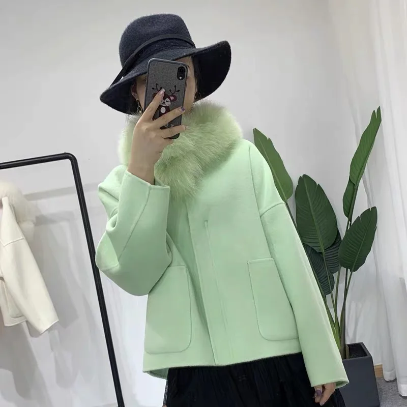 light green OFTBUY пальто с натуральным мехом, зимняя куртка для женщин, Воротник из натурального Лисьего меха, шерсть, верхняя одежда, Толстая теплая уличная одежда, Корея, Новинка - Цвет: light green