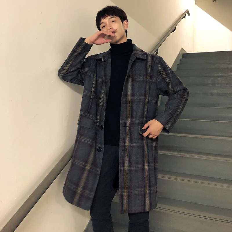 

2020 winter Lattice Woolen Overcoat Leisure Time Loose long Coat clothes jacket Thick Plaid Blue Gray Japan Style