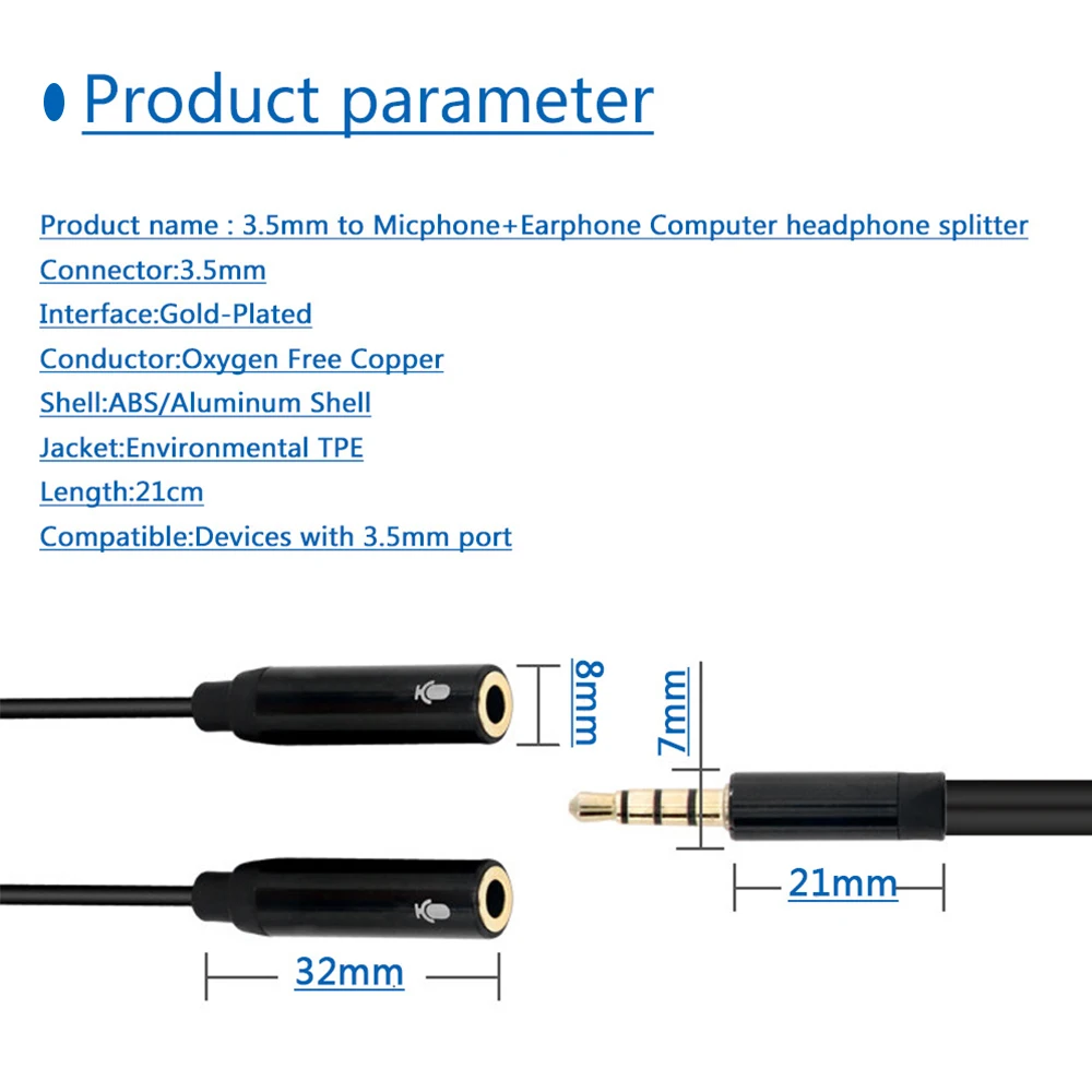 Audio Splitter Microphone Extension Cable Double Microphone Cable Jack 3.5mm Male to 2 Female for Phone Laptop AUX headphone audio splitter audio cable microphone accessories