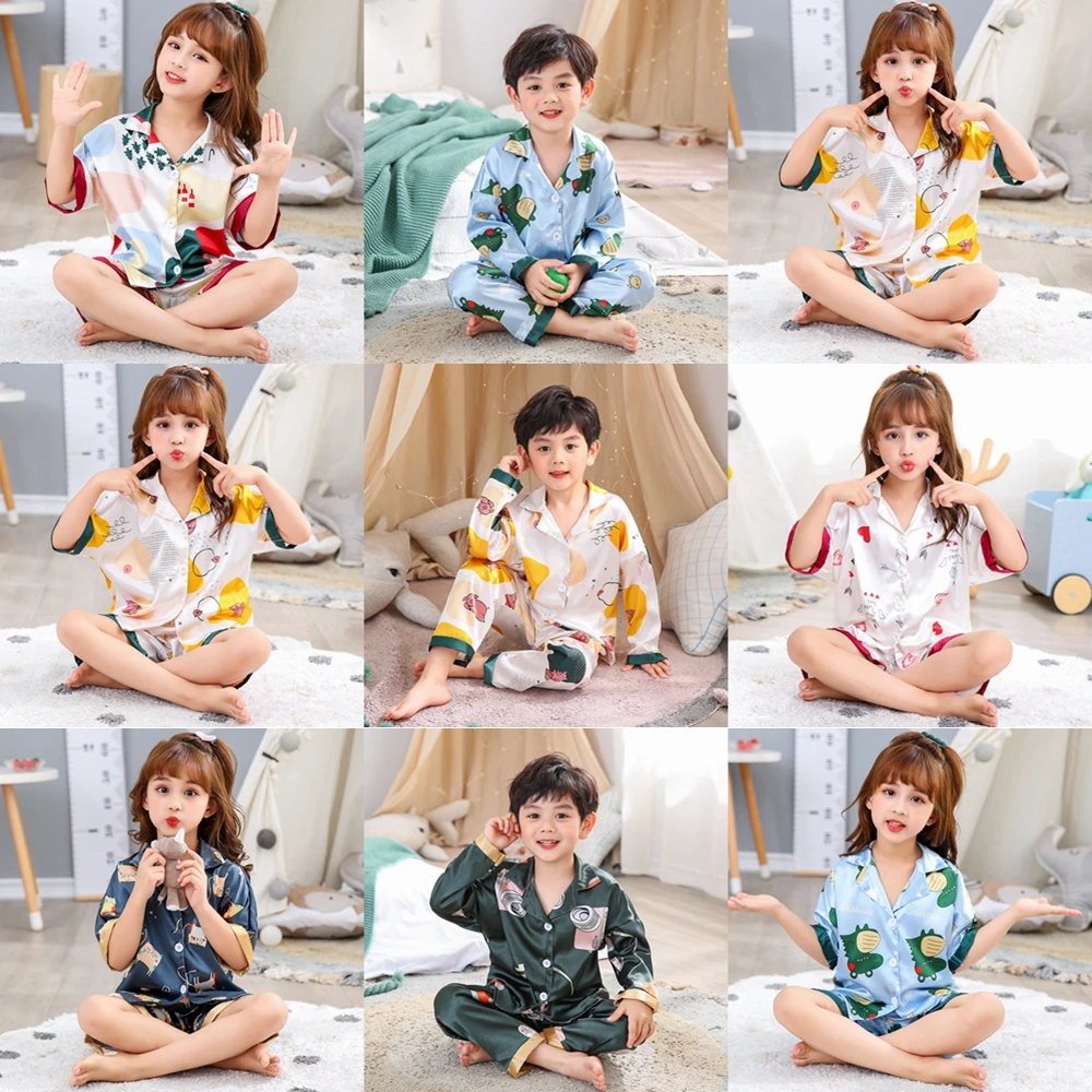 2021 Spring Summer Fall Autumn Boys Girls Button Down Pajamas Childeren Clothing Sets Kids Ice Silk Homewear night gowns cheap