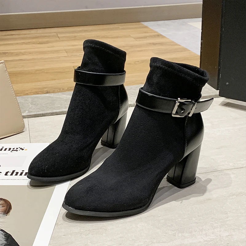 

Elegant Ankle Boots Women 2019 New Sexy High Heels Boots Slip On Black Boots Stretch Fashion Bling Silver Boots Women Shoes