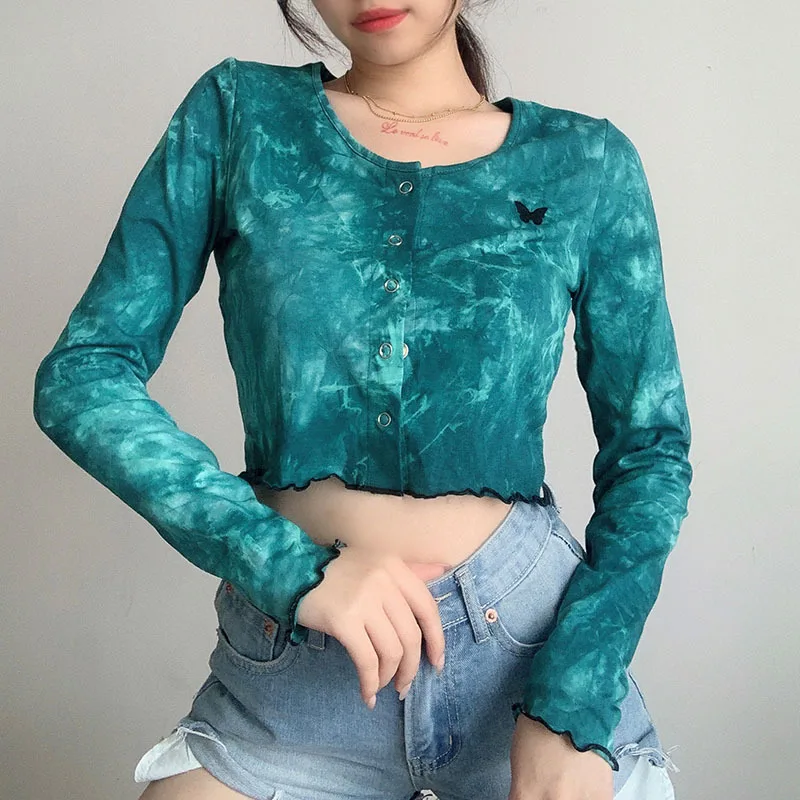 

Autumn New Women's Tie-Dye Butterfly Embroidered round Neck Cardigan Women's Short Slim Section Navel Long-Sleeved T-shirt Top