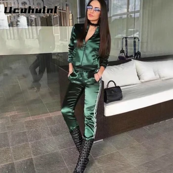 

Spring 2019 Casaul Tracksuit Women 2 Piece Set Top And Pants Satin Striped Patchwork Zipper Sexy Sweatshirt Sweat Suit