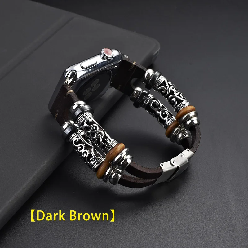 Dark Brown UEBN из натуральной кожи в стиле ретро для наручных часов Apple watch series 5 ремешок двойной круг 38 мм 42 мм 40 мм 44 мм, ремешок для наручных часов iwatch 3/4/5 часов - Цвет ремешка: Dark Brown