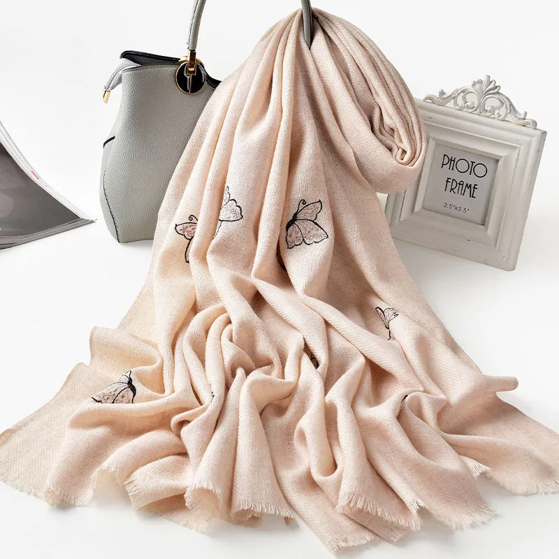 

Wool Butterfly Embroidery Scarf For Women Solid Warm Fashion Wool Shawls Wraps Winter Autumn Ladies Large Size 100% Wool Scarves