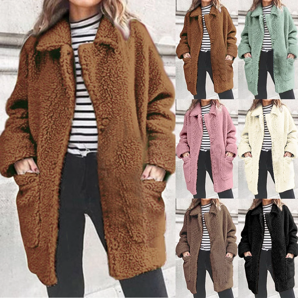 Женское пальто из искусственного меха на осень и зиму, Толстая теплая мягкая флисовая куртка, верхняя одежда на молнии с карманами, пальто с мишкой, плюшевое пальто
