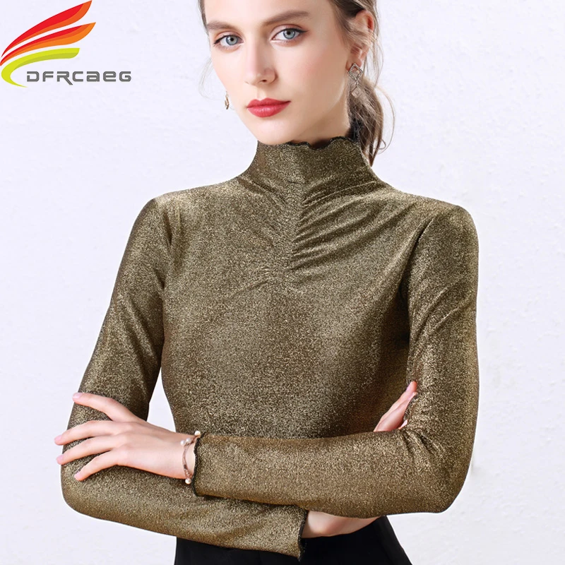 Модная водолазка блузка с пайетками повседневная женская элегантная рубашка и