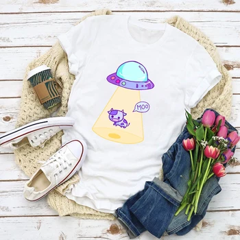 

Women Graphic Cartoon Alien Unicorn Cow Funny Print Summer T-Shirt Shirt Tops Lady Clothes Womens Clothing Tee Female T Shirt