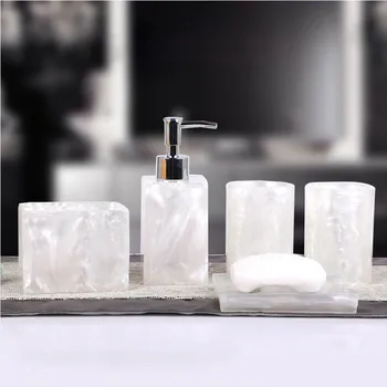 

5 Pcs Fashion Resin Bath Accessories Set Durable Lotion Dispenser With Pump Toothbrush Holder Soap Dish 2 Tumbler Sets