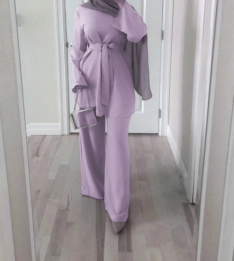 Outfit Belt-Tops Leg-Pants Turkey Muslim-Islamic-Sets Two-Piece Fashion Women Matching