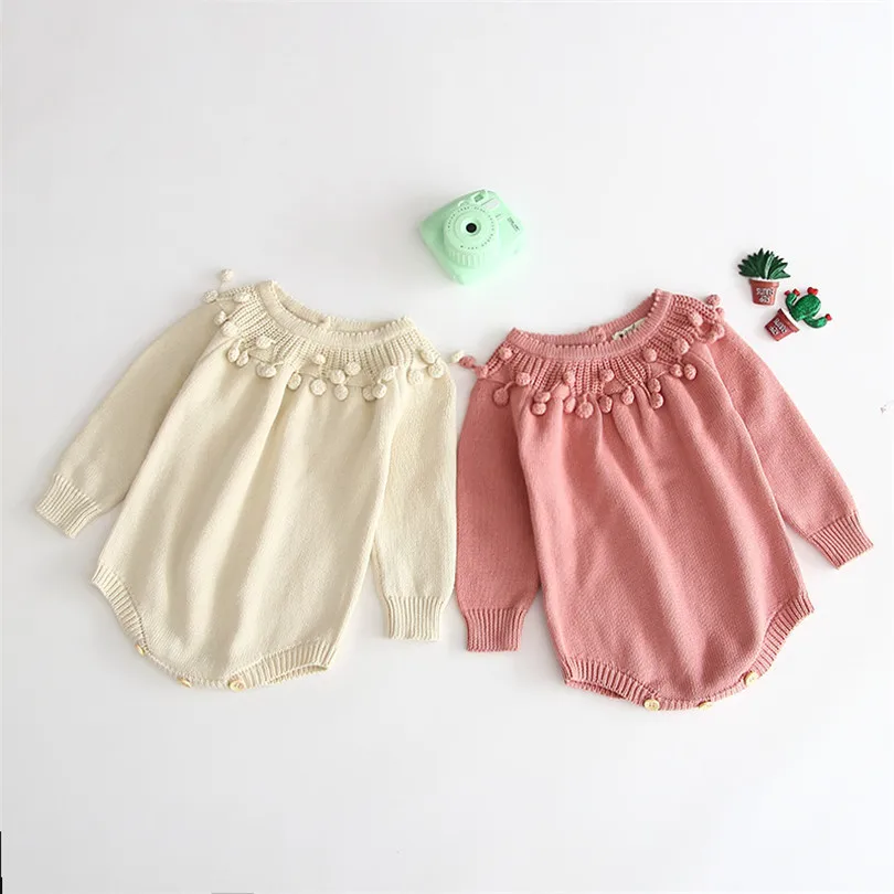 

Newborn Baby Romper Handmade Pompom Long Sleeve Baby Girl Boy Romper Knitted Baby Clothes Autumn Infant Girl Jumpsuit Onesie