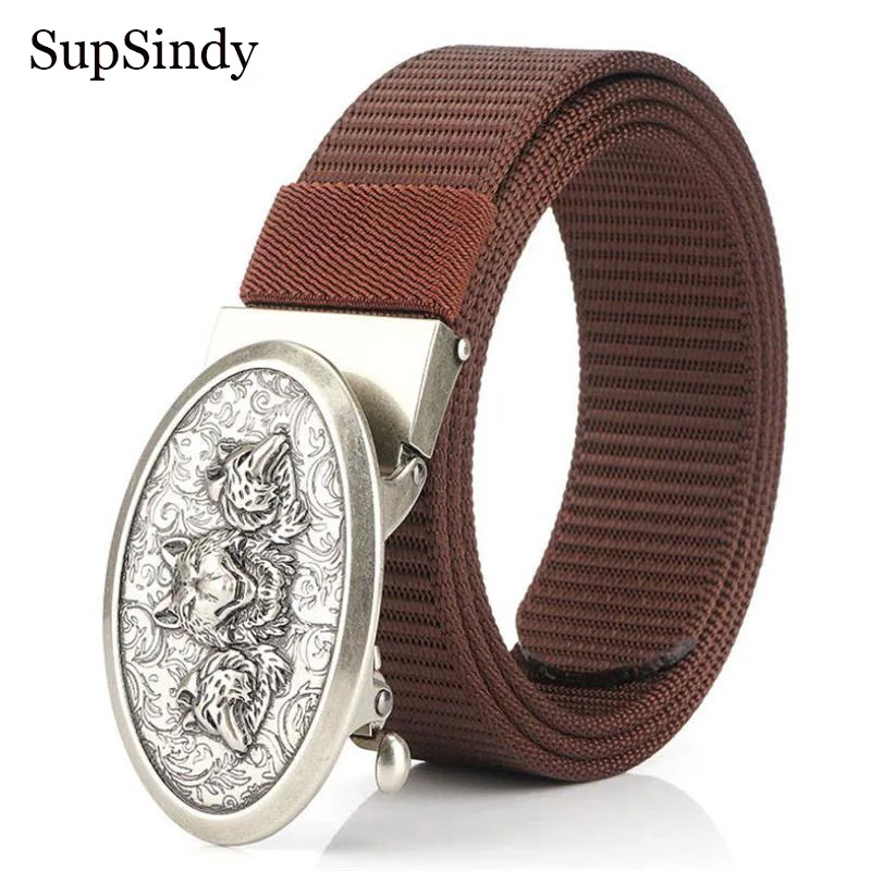 

SupSindy Men Nylon Belt Luxury Wolf Metal Automatic Buckle Canvas Belts for Men Fashion Jeans Waistband Outdoor Male Strap Black