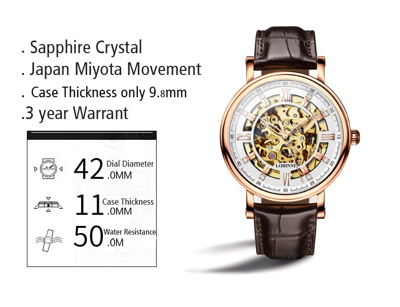 Японские мужские часы Miyota Move, автоматические механические мужские часы LOBINNI, люксовый бренд, турбийон, скелет, reloj hombre L9010