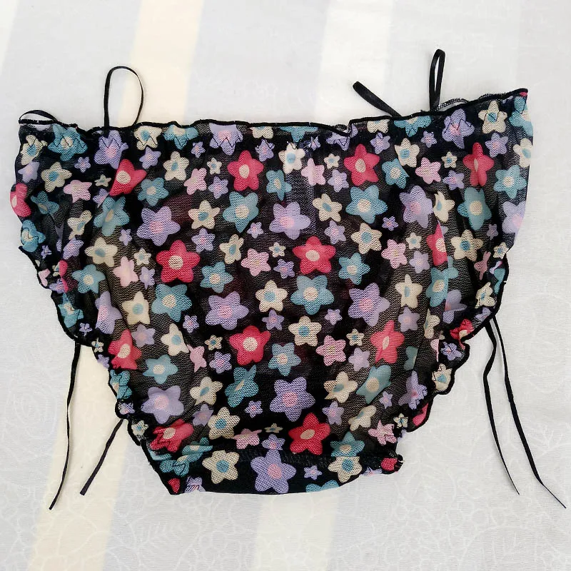 Thin Mesh See Thru Sissy panties Floral Ruffles Mens Briefs With bowknots Panty Lingerie Gay Knickers Sissy Underpants Black
