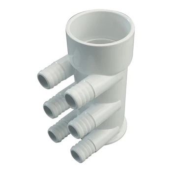 

2" PVC Manifold 6 ports 3/4" Rib Barb Dead End & 2" female inlet with dead end, 6 x 3/4" male outlets water distributor