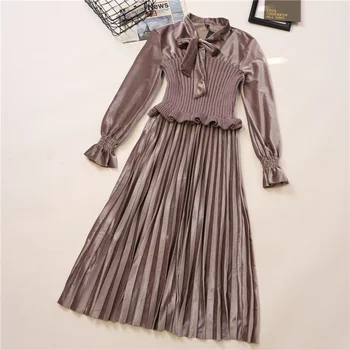 

2020 new spring Slim Waist Lace Up Bow Pleat Dress Stand Collar Long Sleeve Solid A Line Vestido Patchwork Knit Long Ropa Autumn