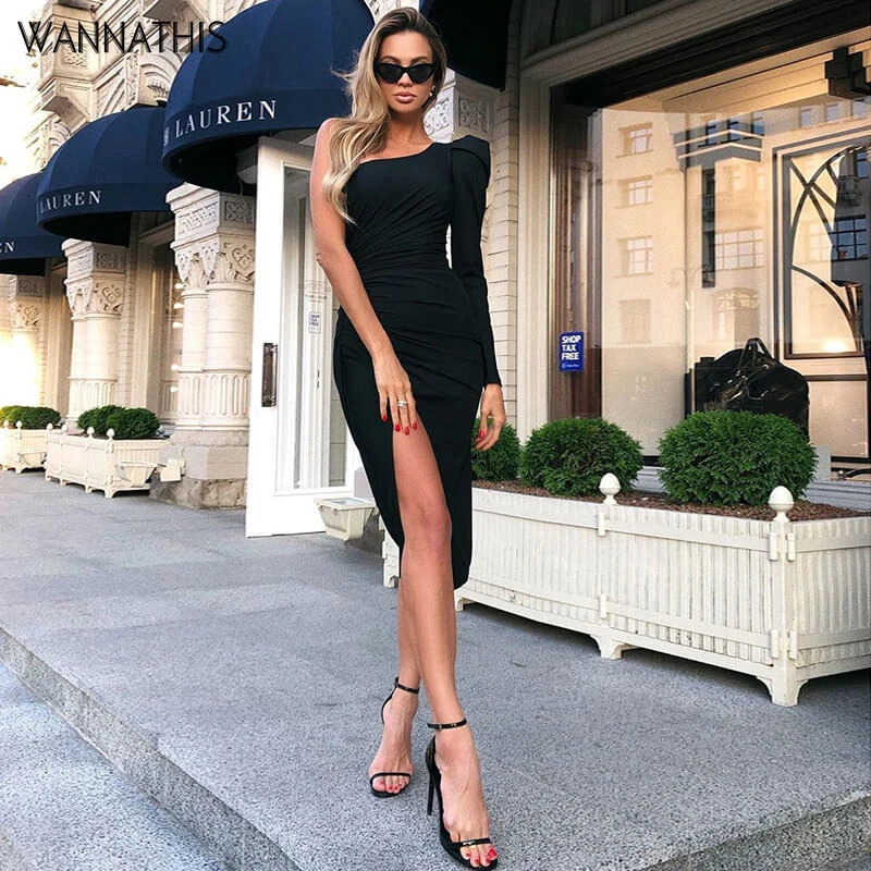 Baratos WannaThis negro de una manga vestido dividido hasta la rodilla ajustado vestidos Sexy de hombro elegante vestidos de fiesta damas corte dobladillo